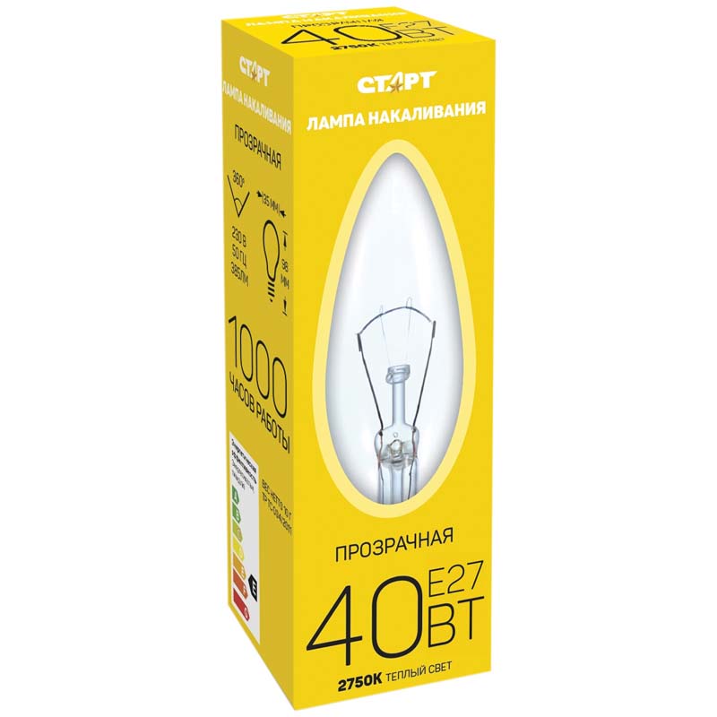 Лампа накал свеча прозрач.Старт E27 40W